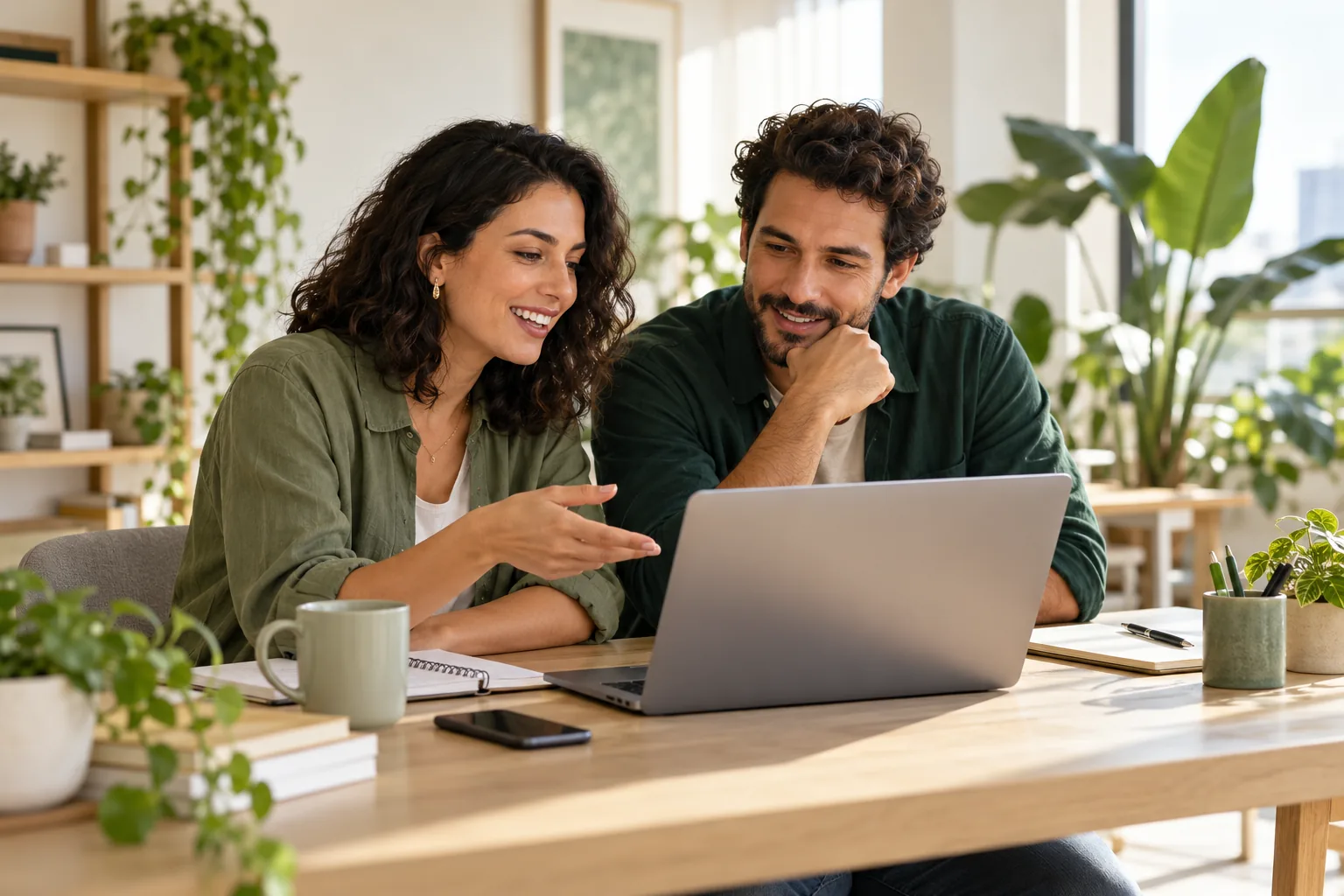 Duas pessoas conversando sobre seu negócio diante de um notebook